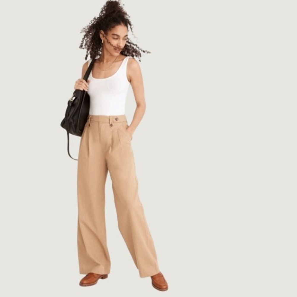 Madewell Harlow Pleated Wide Leg Pants Womens 8 Tan Lyocell Linen Blend Coastal